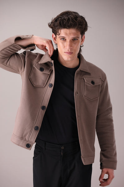 Taupe Brown Fleece Trucker Jacket