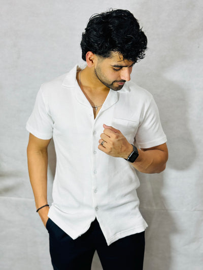 White Waffle Knitted Cuban Collar Shirt