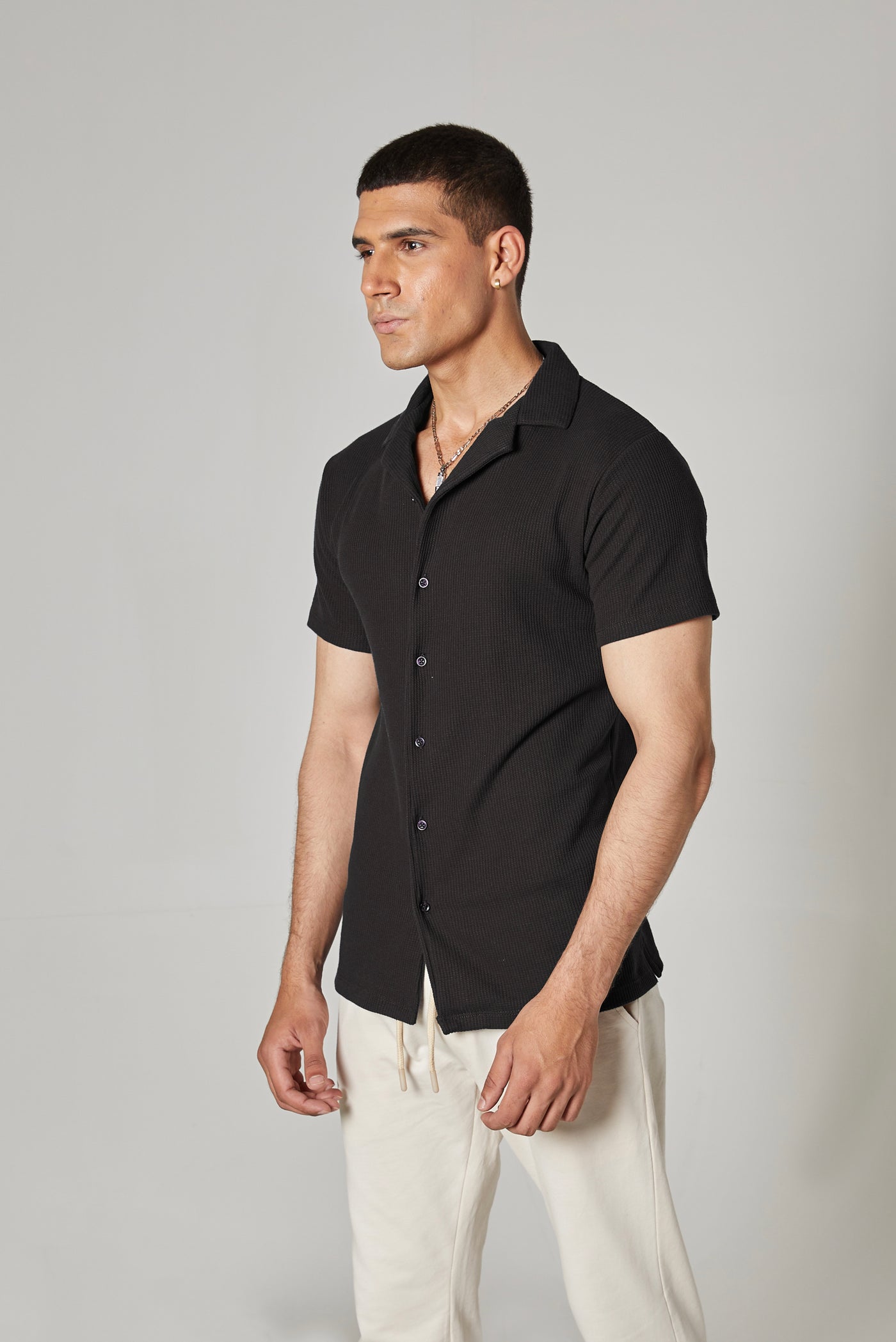 Black Waffle Knit Cuban Collar Shirt