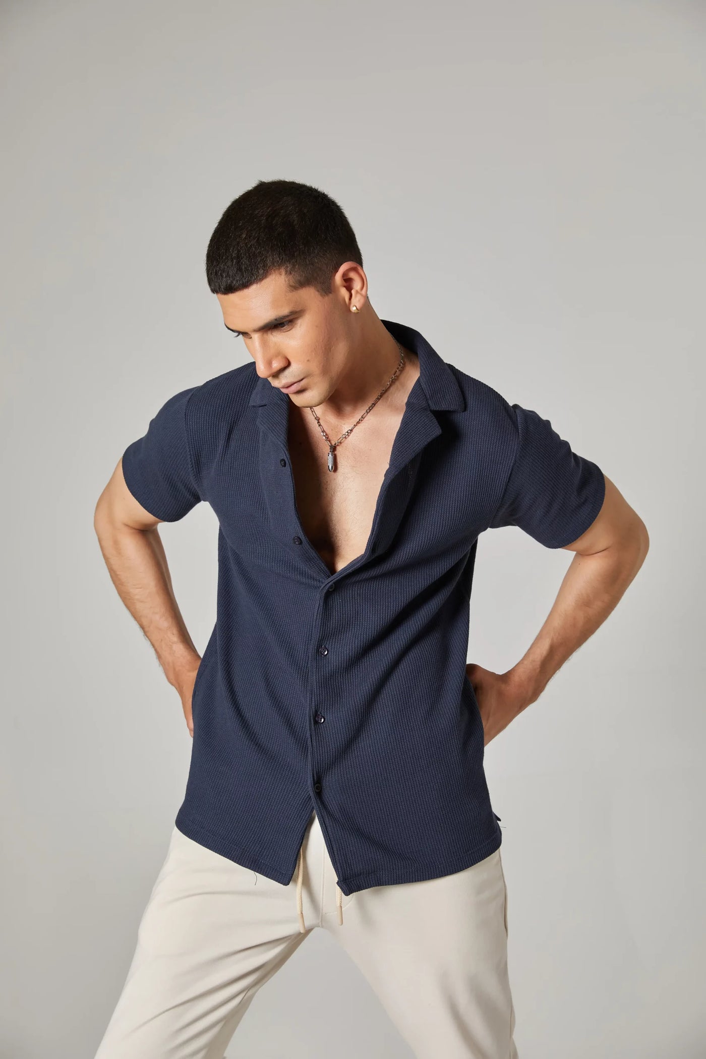 Navy Blue Waffle Knit Cuban Collar Shirt