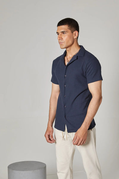 Navy Blue Waffle Knit Cuban Collar Shirt