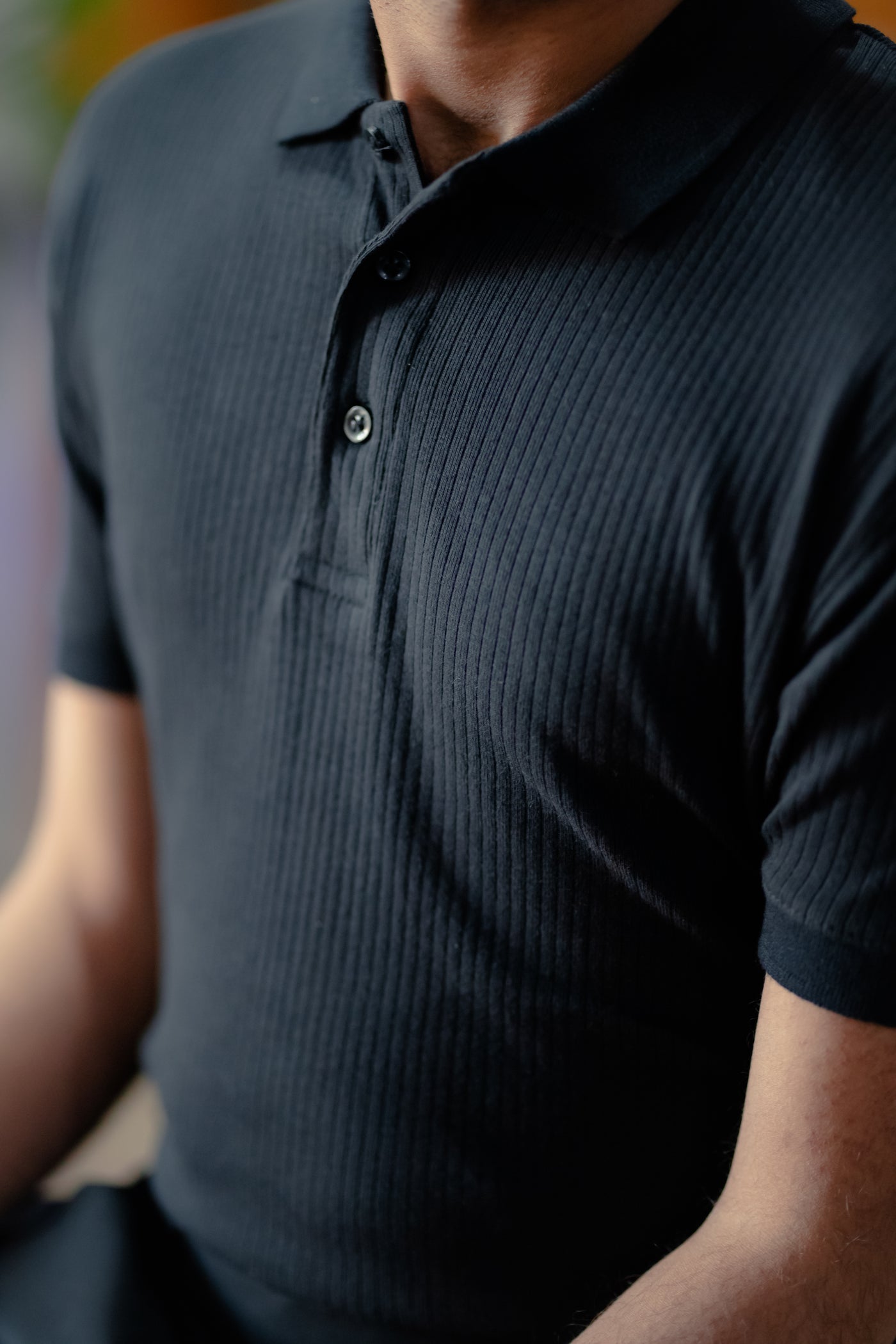 Black Rib Knitted Polo Shirt