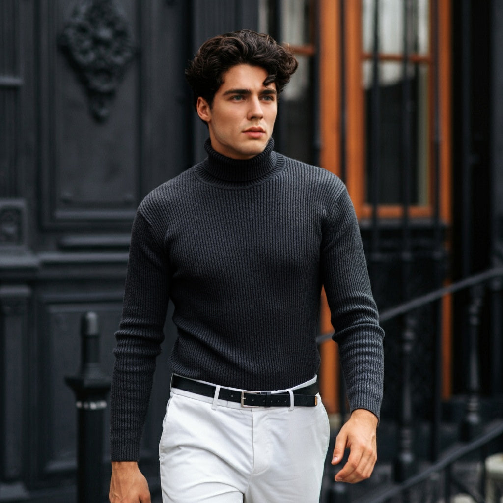 Melange Dark Grey Turtleneck Rib Knitted Shirt