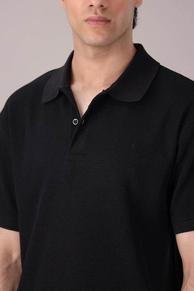 Black Waffle Knitted POLO Shirt