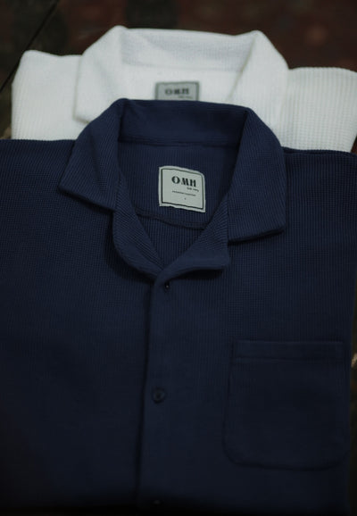 Navy Blue Waffle Knit Cuban Collar Shirt